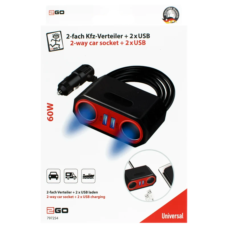 Kfz-Zigarettenanzünder-Verteiler - 12V/24V - 2-fach - 2 x USB A - 60 W - schwarz/rot