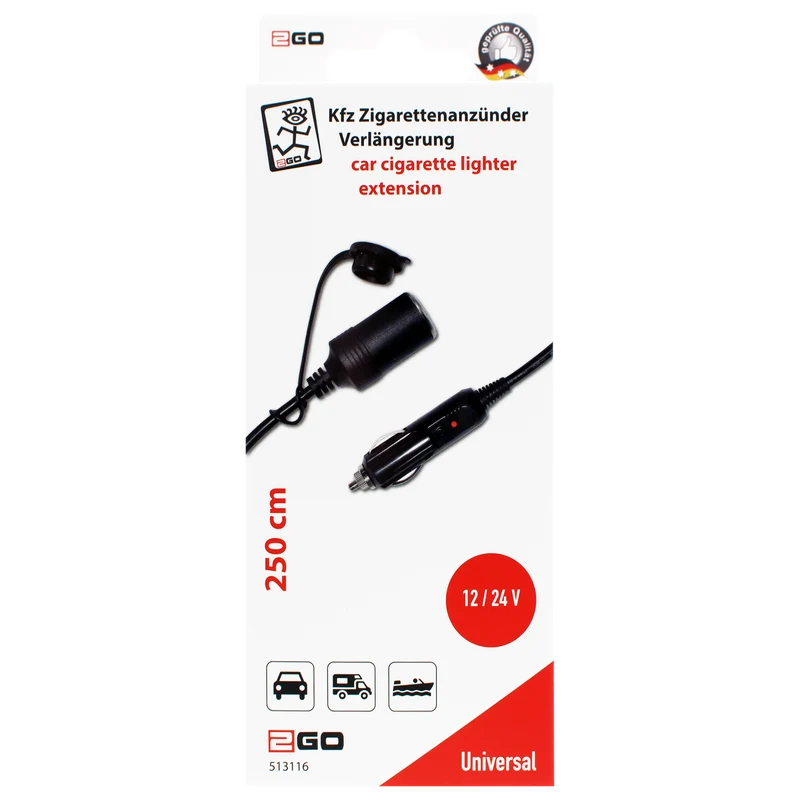Zigarettenanzünder-Verlängerung - Stecker auf Kupplung - 250 cm - schwarz