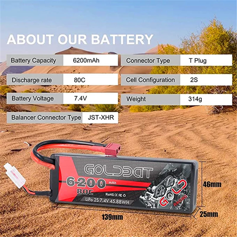 2 Packs RC Akku 6200 mAh Lipo Akku Lipo Batterie 80C 2S 7,4V mit Female T-Stecker Batterie Ersatzakku für RC Auto Flugzeug Helikopter