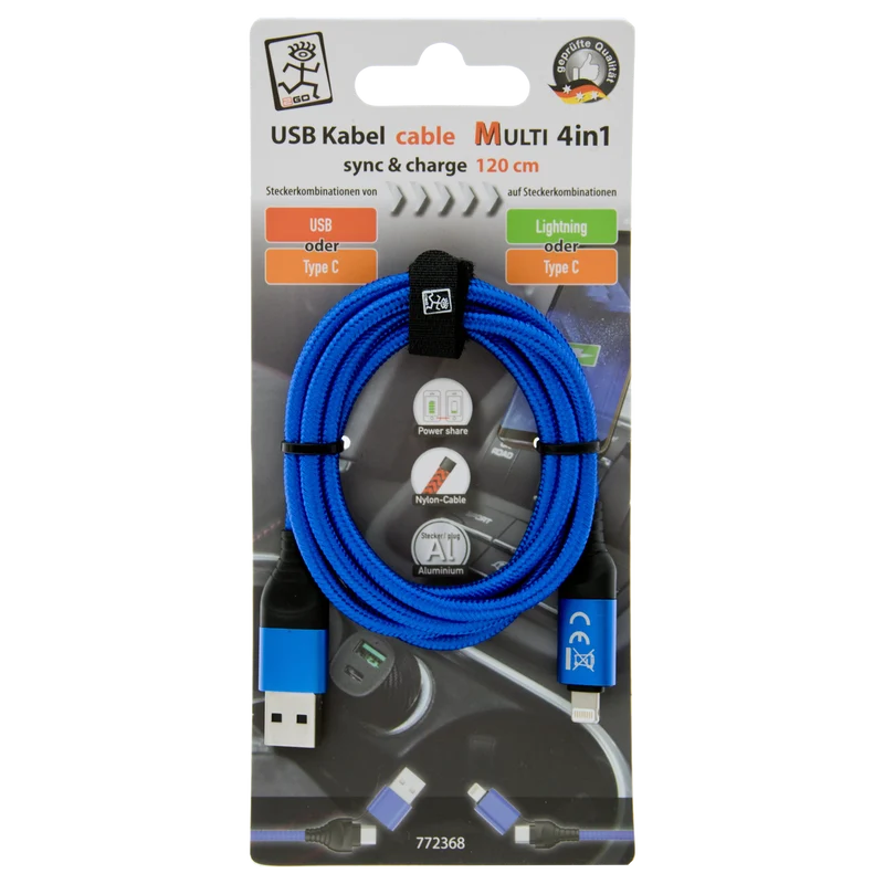 4 in 1 USB Datenkabel - USB A / USB Type-C auf 8-Pin (Lightning) / USB Type-C - 120 cm - diverse Farben