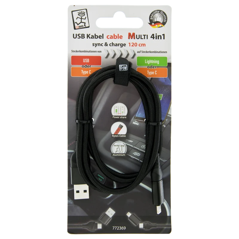 4 in 1 USB Datenkabel - USB A / USB Type-C auf 8-Pin (Lightning) / USB Type-C - 120 cm - diverse Farben