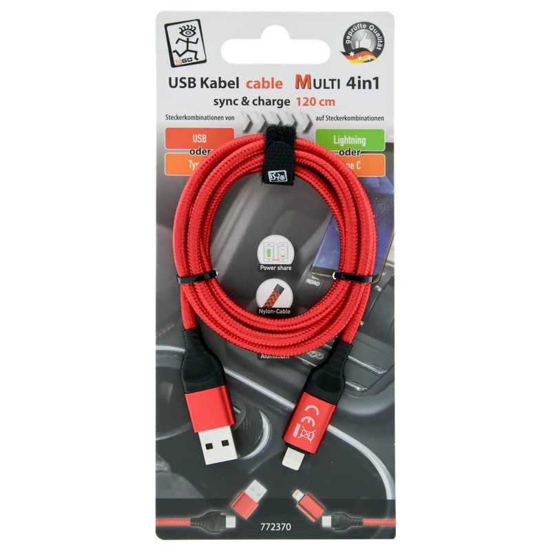 4 in 1 USB Datenkabel - USB A / USB Type-C auf 8-Pin (Lightning) / USB Type-C - 120 cm - diverse Farben