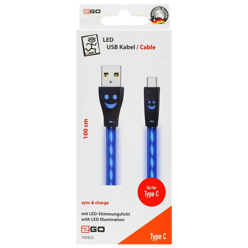 USB Datenkabel - 3 Anschlussvarianten - 100 cm - transparent mit blauem LED-Lauflicht