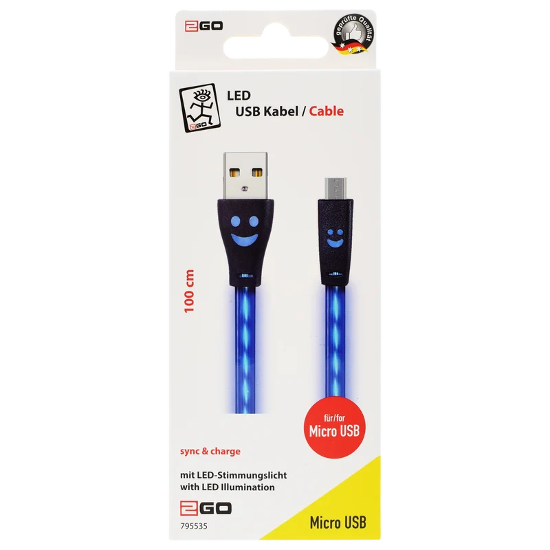 USB Datenkabel - 3 Anschlussvarianten - 100 cm - transparent mit blauem LED-Lauflicht