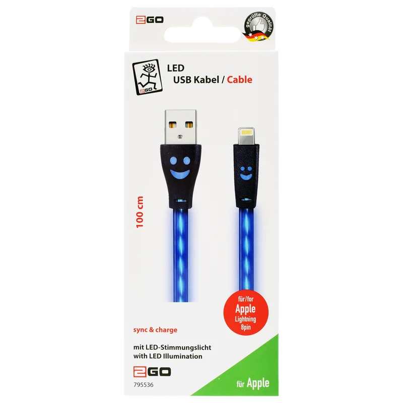 USB Datenkabel - 3 Anschlussvarianten - 100 cm - transparent mit blauem LED-Lauflicht