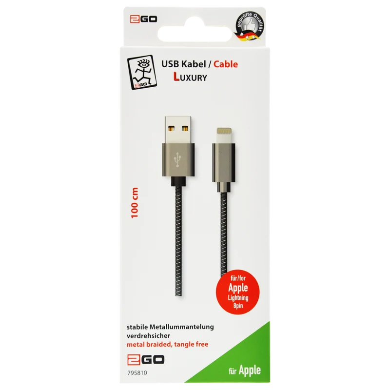 USB Datenkabel "Luxury" passend für Apple Geräte - USB A auf 8-Pin (Lightning) - Metallummantelung - 100 cm - grau