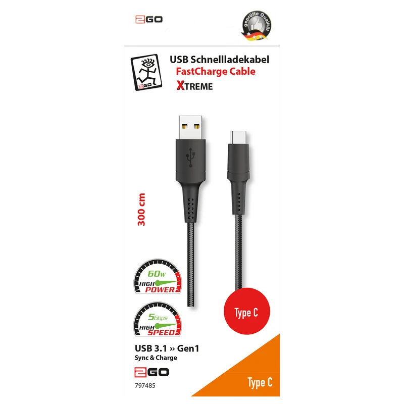 USB Datenkabel "Xtreme" - USB A auf USB Type-C - diverse Längen - grau