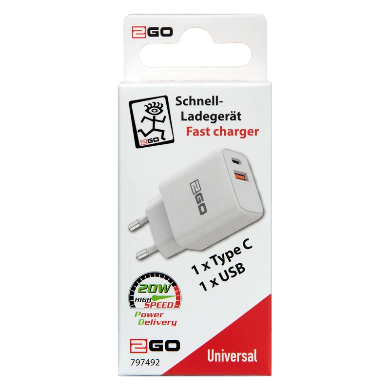 Netz-Ladegerät 100 V - 240 V - Power Delivery - 1 x USB A & 1 x USB Type-C - 20 W - 3000 mA