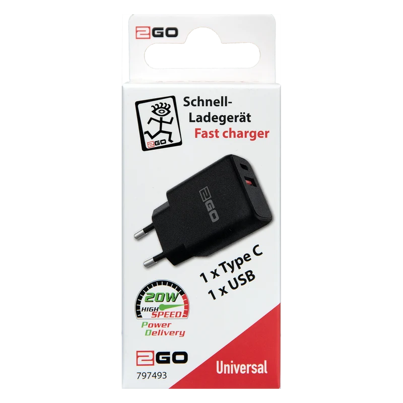 Netz-Ladegerät 100 V - 240 V - Power Delivery - 1 x USB A & 1 x USB Type-C - 20 W - 3000 mA