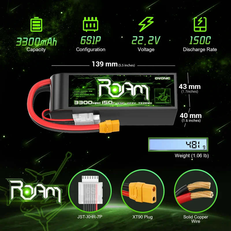 OVONIC Roam Serie 22,2V 3300mAh 150C 6S LiPo-Akku mit XT90-Anschluss ( 2 St. )