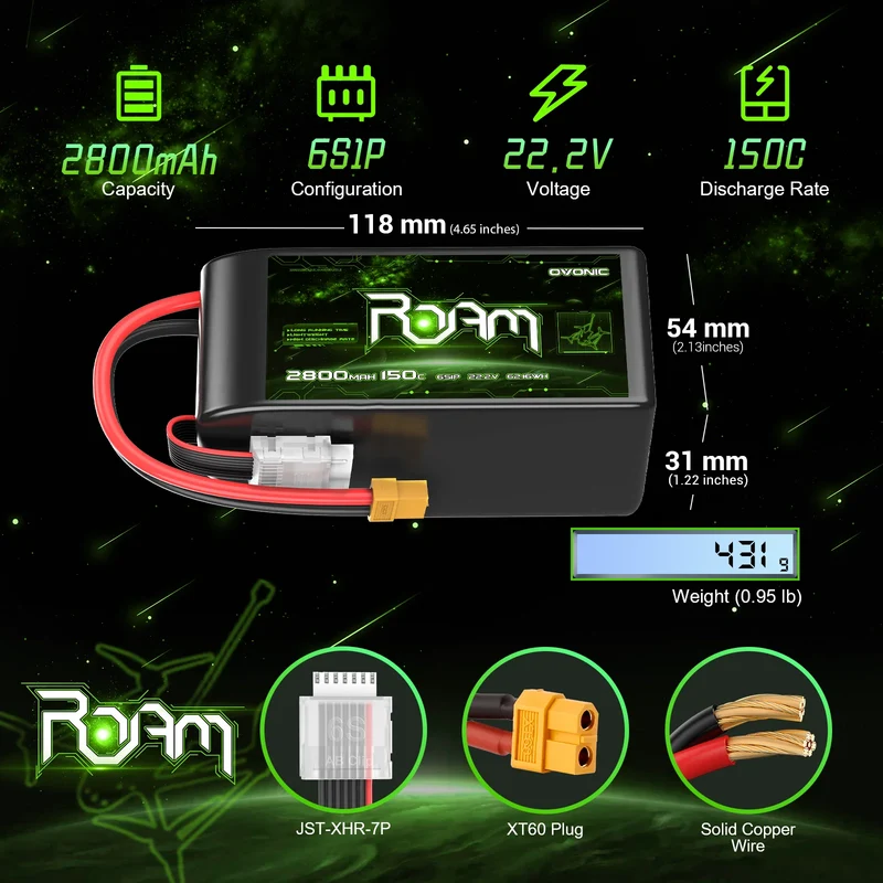 OVONIC Roam Serie 22,2V 2800mAh 150C 6S LiPo-Akku mit XT60-Anschluss (2 st.)
