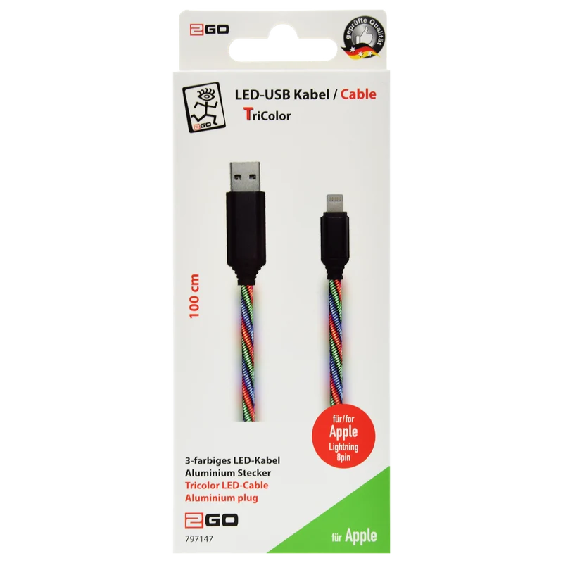 USB Datenkabel "Tricolor" - 3 Anschlussvarianten - 100 cm - grau mit dreifarbiger LED-Beleuchtung