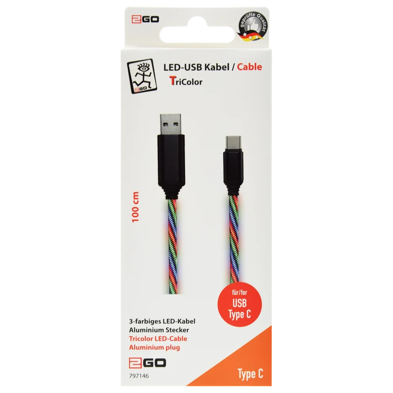 USB Datenkabel "Tricolor" - 3 Anschlussvarianten - 100 cm - grau mit dreifarbiger LED-Beleuchtung