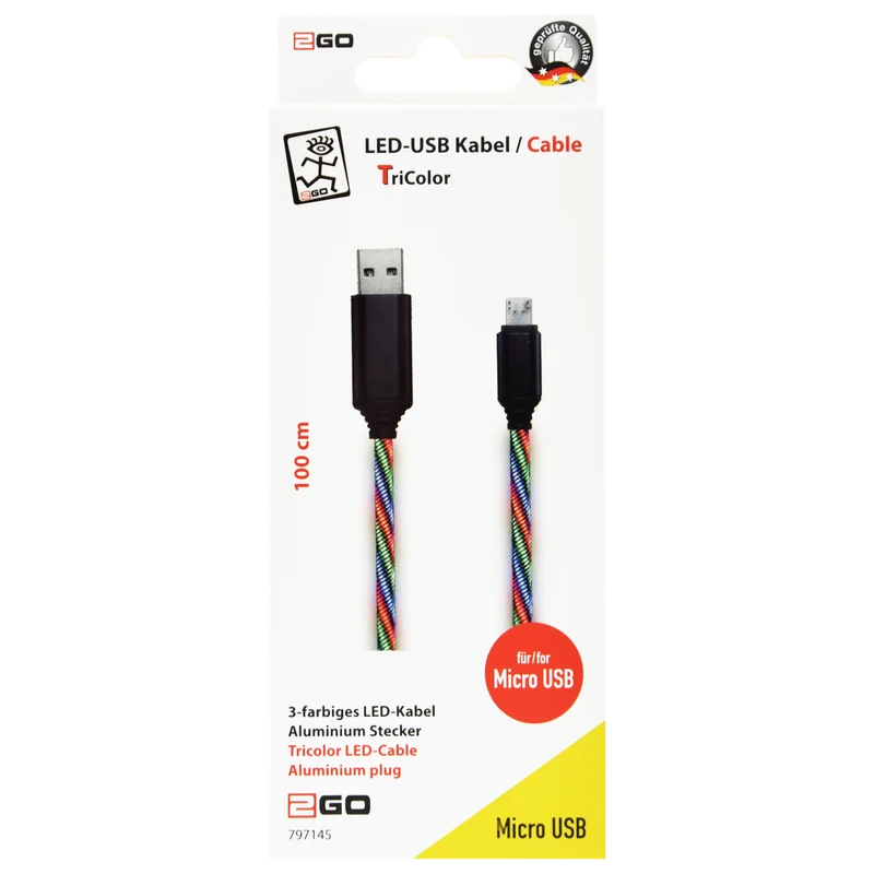 USB Datenkabel "Tricolor" - 3 Anschlussvarianten - 100 cm - grau mit dreifarbiger LED-Beleuchtung