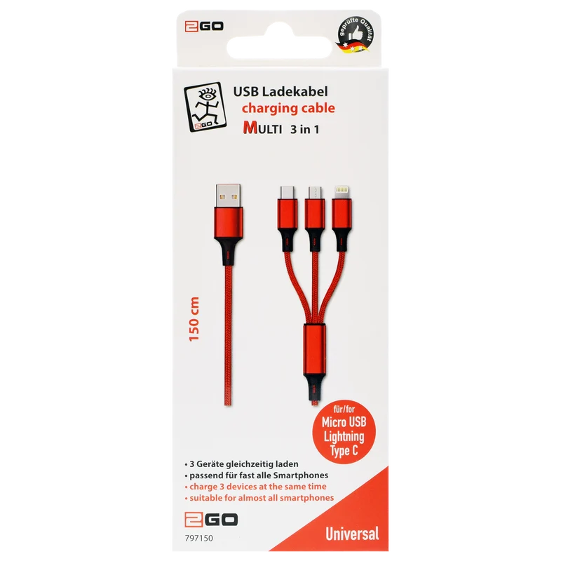 3 in 1 USB Ladekabel - USB A auf Micro-USB / 8-Pin (Lightning) / USB Type-C - 150 cm - diverse Farben