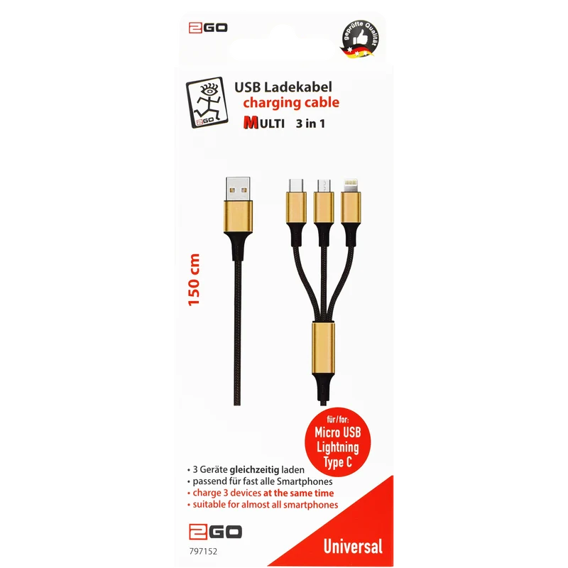 3 in 1 USB Ladekabel - USB A auf Micro-USB / 8-Pin (Lightning) / USB Type-C - 150 cm - diverse Farben
