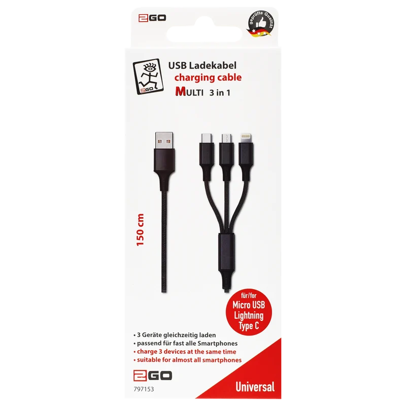3 in 1 USB Ladekabel - USB A auf Micro-USB / 8-Pin (Lightning) / USB Type-C - 150 cm - diverse Farben