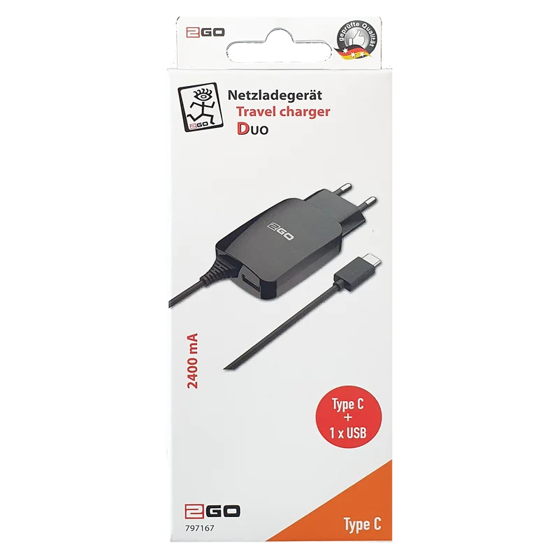 Netz-Ladegerät DUO 110 V - 240 V - typenspezifischer Stecker & USB A Buchse - 140 cm Kabellänge