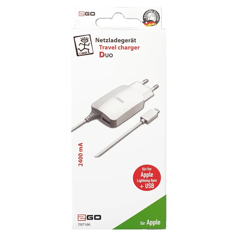 Netz-Ladegerät DUO 110 V - 240 V - typenspezifischer Stecker & USB A Buchse - 140 cm Kabellänge