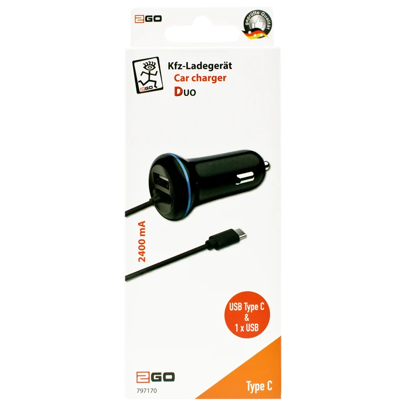 Kfz-Ladegerät DUO 12 V / 24 V - typenspezifischer Stecker & USB A Buchse - 140 cm Kabellänge