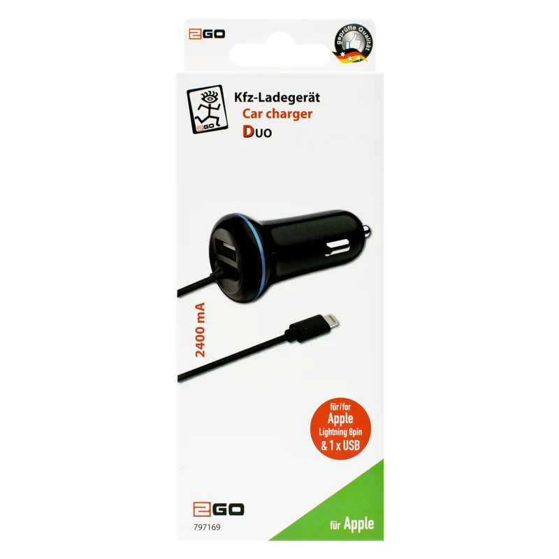 Kfz-Ladegerät DUO 12 V / 24 V - typenspezifischer Stecker & USB A Buchse - 140 cm Kabellänge
