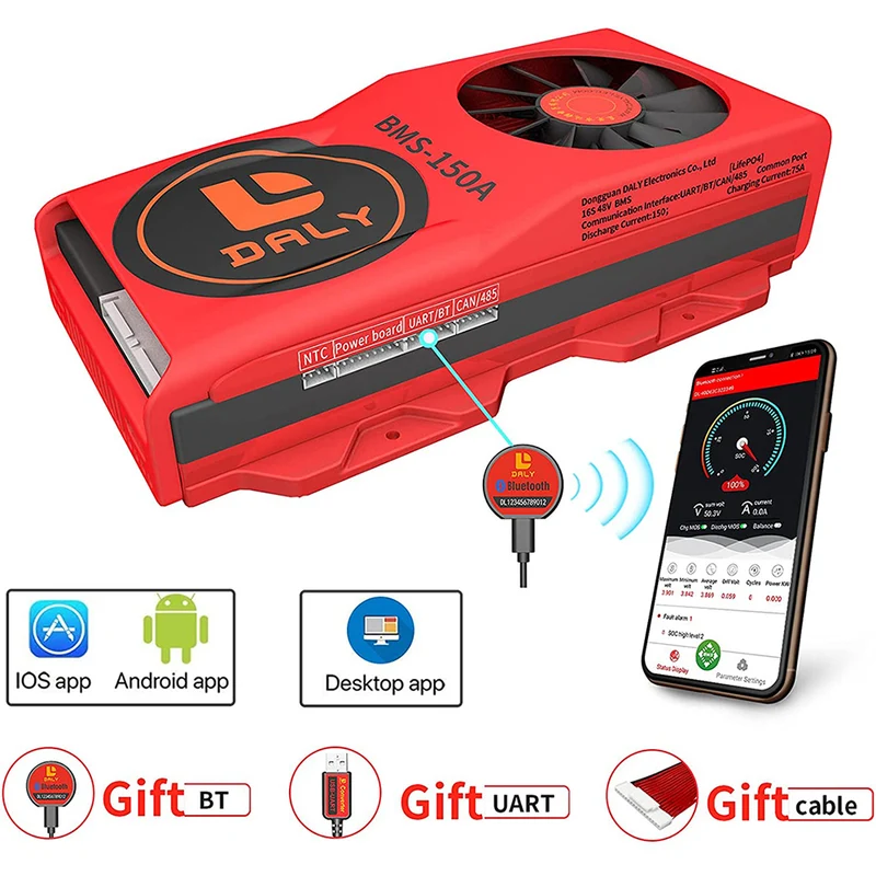 Daly smart bms Lifepo4 Li-ion 16S 48V 60V 150A with Fan bluetooth 50 120 209