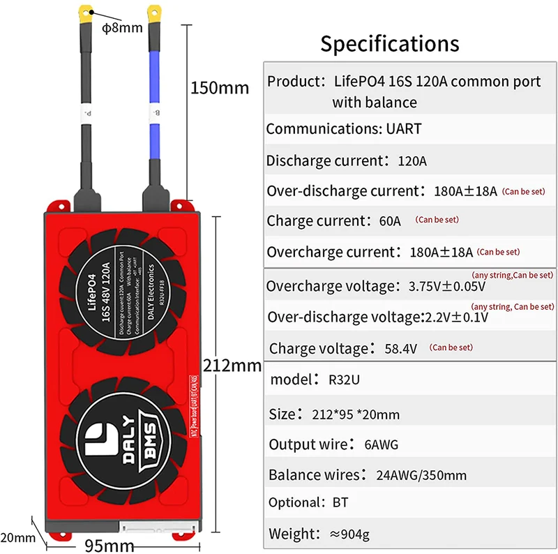 Daly smart bms Lifepo4 Li-ion 16S 48V 60V 120A with bluetooth 20 95 212