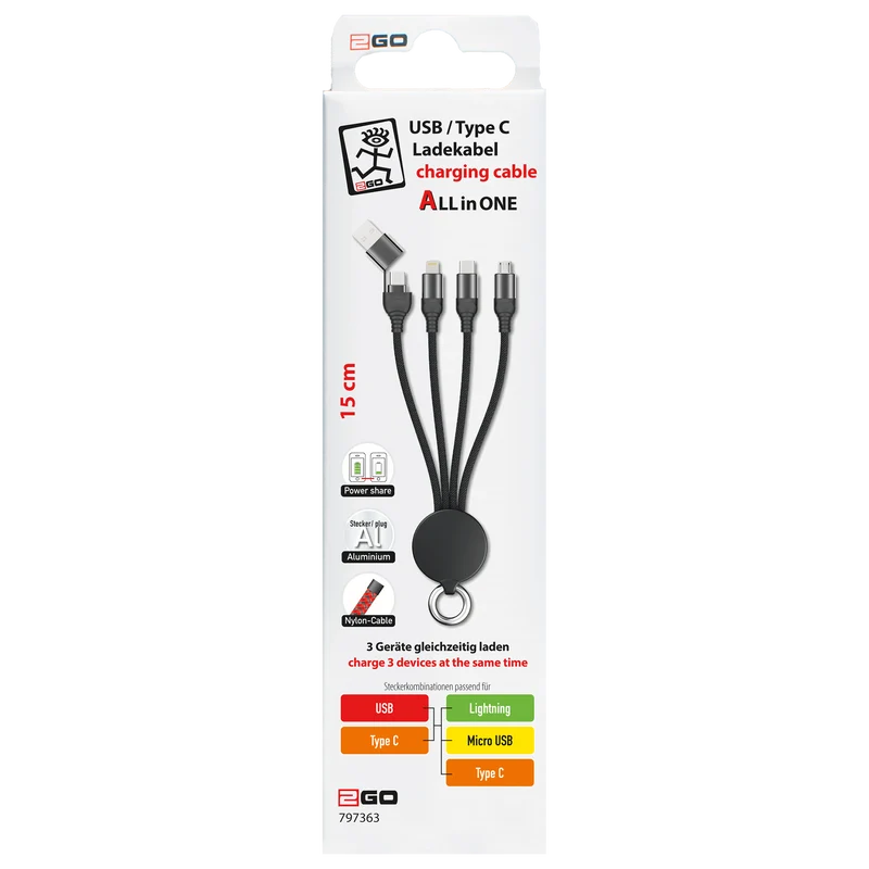 All in One USB Ladekabel - USB A / USB Type-C auf Micro-USB / 8-Pin (Lightning) / USB Type-C - 15 cm - diverse Farben