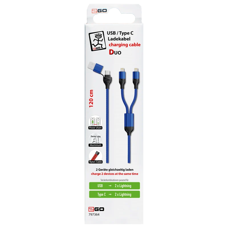 Duo USB Ladekabel - USB A / USB Type-C auf 2 x 8-Pin (Lightning) / USB Type-C - 120 cm - diverse Farben