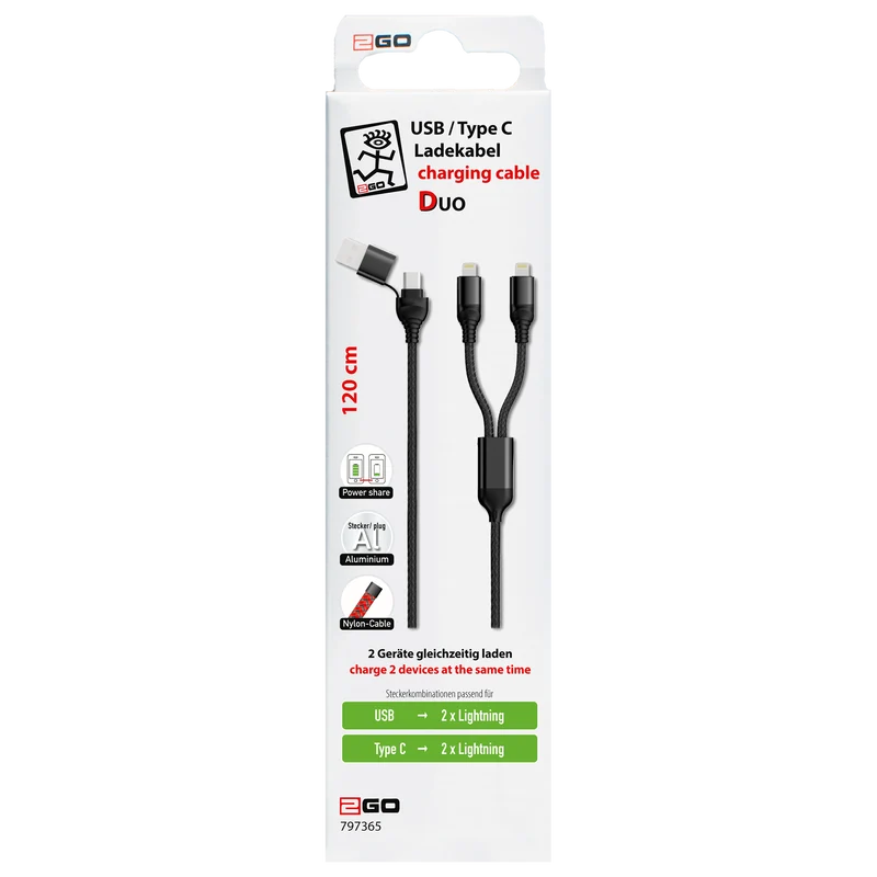 Duo USB Ladekabel - USB A / USB Type-C auf 2 x 8-Pin (Lightning) / USB Type-C - 120 cm - diverse Farben