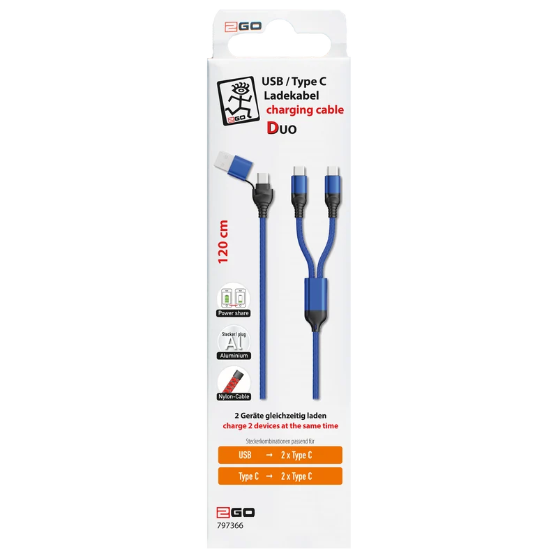 Duo USB Ladekabel - USB A / USB Type-C auf 2 x 8-Pin (Lightning) / USB Type-C - 120 cm - diverse Farben