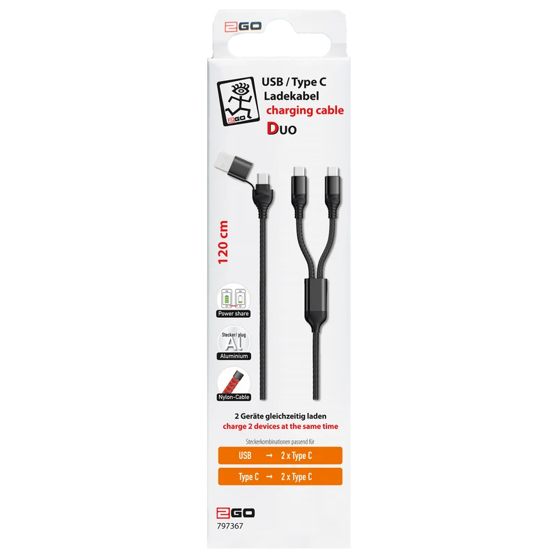 Duo USB Ladekabel - USB A / USB Type-C auf 2 x 8-Pin (Lightning) / USB Type-C - 120 cm - diverse Farben