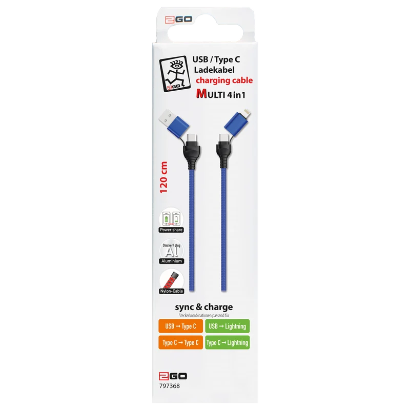 4 in 1 Multi Lade- & Datenkabel - USB A / USB Type-C auf 8-Pin (Lightning) / USB Type-C - verschiedene Längen - diverse Farben