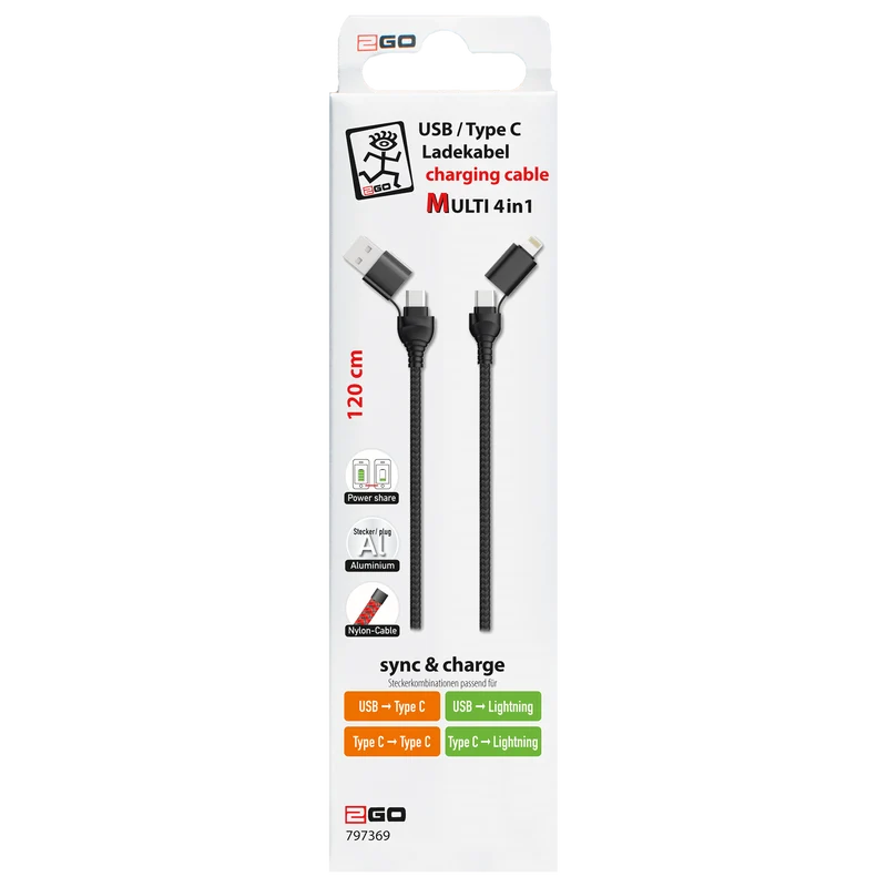4 in 1 Multi Lade- & Datenkabel - USB A / USB Type-C auf 8-Pin (Lightning) / USB Type-C - verschiedene Längen - diverse Farben