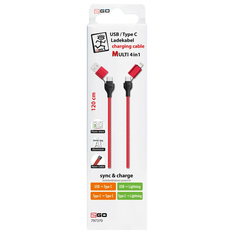 4 in 1 Multi Lade- & Datenkabel - USB A / USB Type-C auf 8-Pin (Lightning) / USB Type-C - verschiedene Längen - diverse Farben