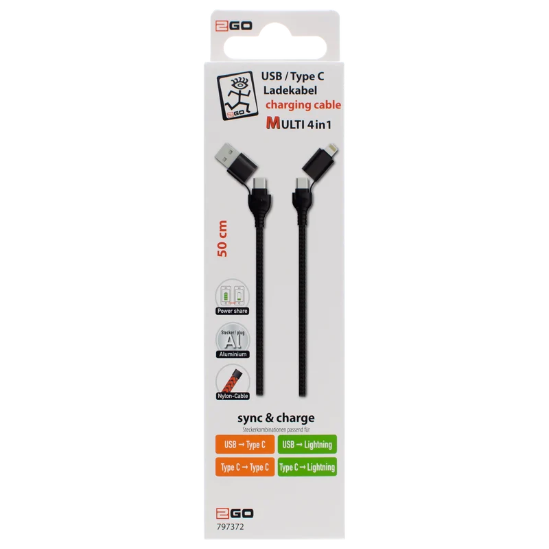 4 in 1 Multi Lade- & Datenkabel - USB A / USB Type-C auf 8-Pin (Lightning) / USB Type-C - verschiedene Längen - diverse Farben