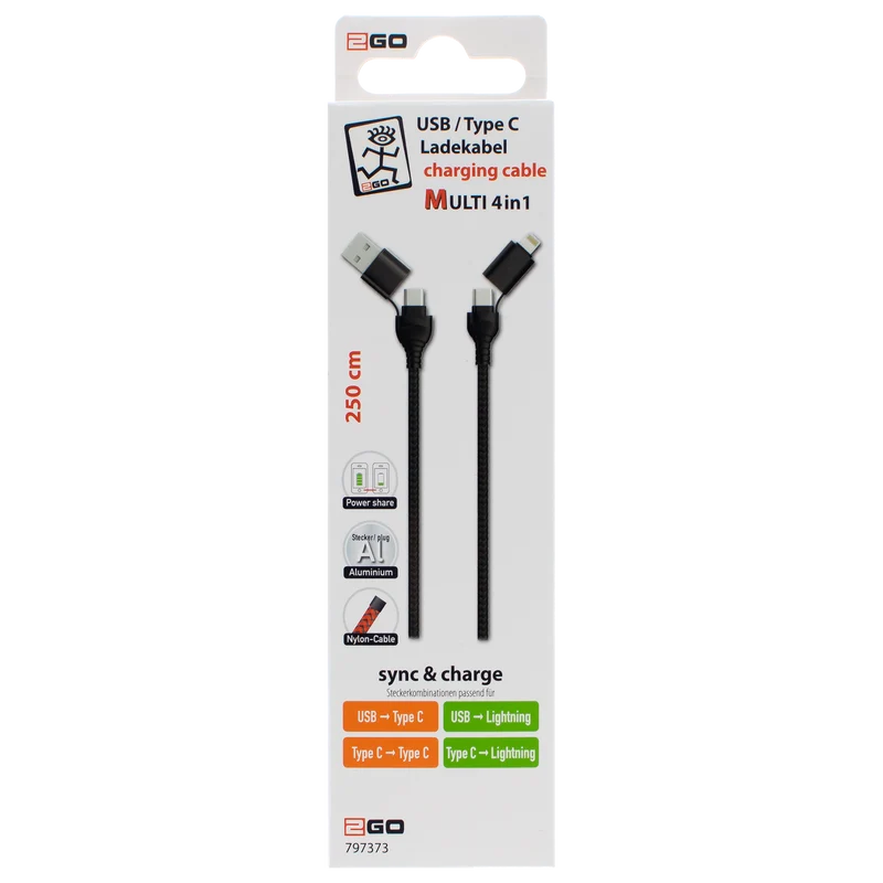 4 in 1 Multi Lade- & Datenkabel - USB A / USB Type-C auf 8-Pin (Lightning) / USB Type-C - verschiedene Längen - diverse Farben