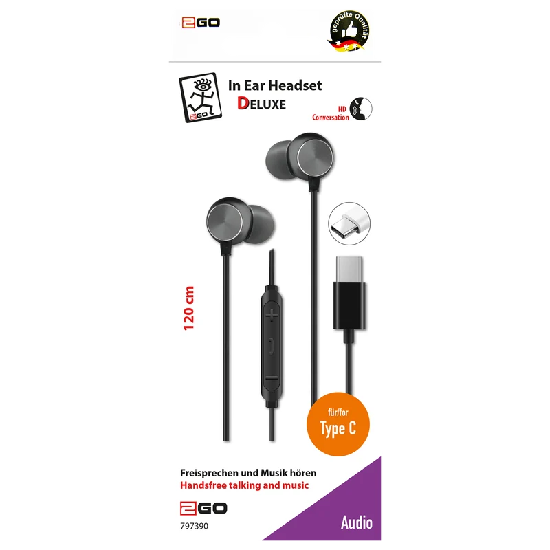 In-Ear-Headset "Deluxe" - Aluminium - Rufannahme - Lautstärkeregelung - USB Type-C