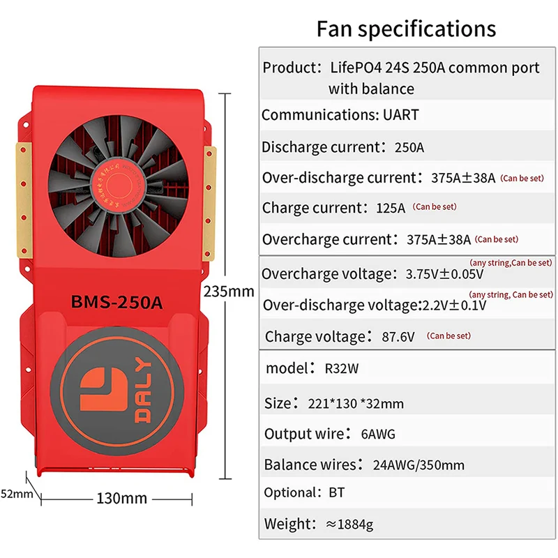 Daly smart bms Lifepo4 24S 72V 250A with Fan bluetooth 52 130 235