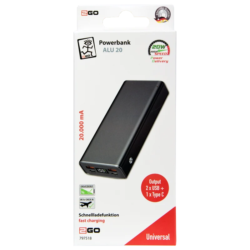 Powerbank Aluminium - verschiedene Kapazitäten - FastCharge - Power Delivery - 2 x USB A - 1 x USB Type-C - Digitaldisplay - USB Type-C Kabel - anthrazit