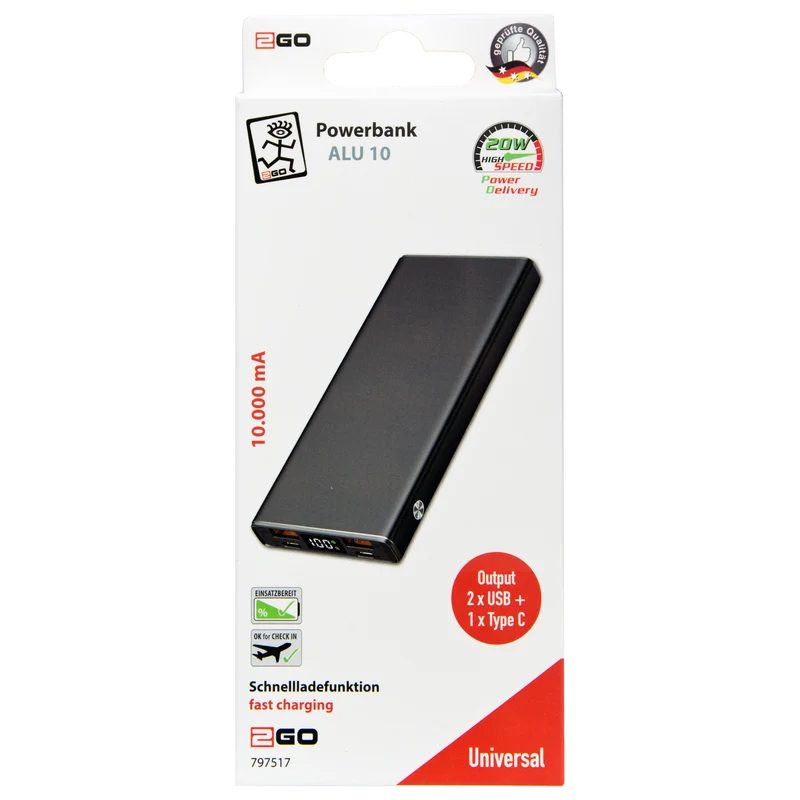 Powerbank Aluminium - verschiedene Kapazitäten - FastCharge - Power Delivery - 2 x USB A - 1 x USB Type-C - Digitaldisplay - USB Type-C Kabel - anthrazit