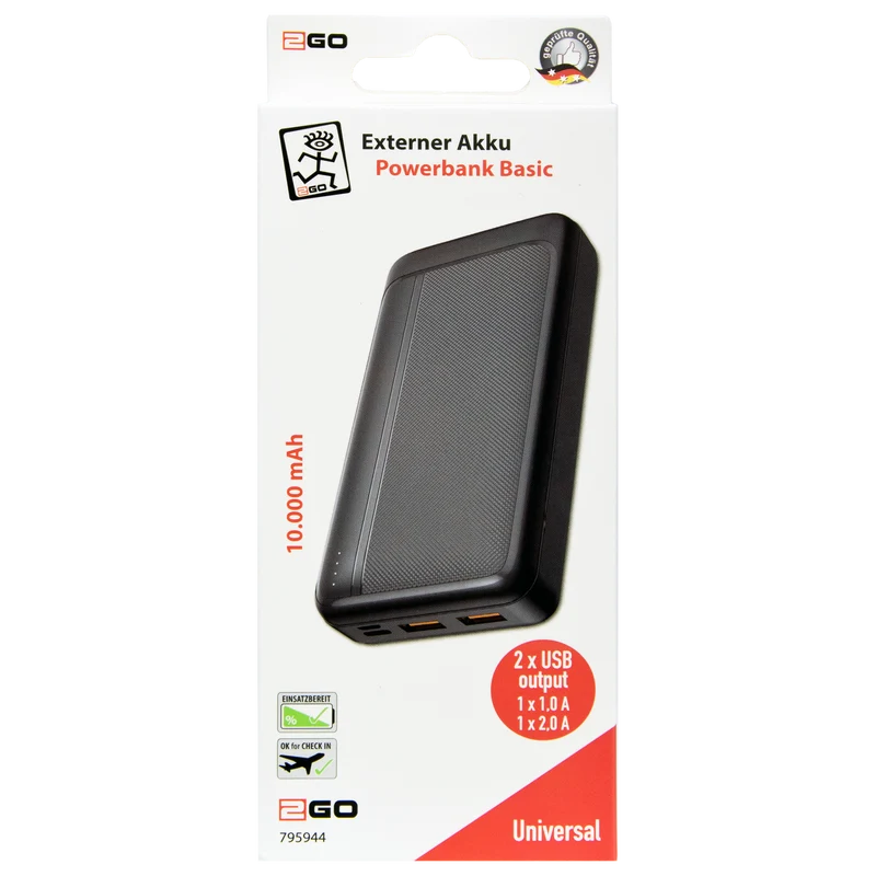 Powerbank Basic - verschiedene Kapazitäten - 2 x USB A - Status-LED - USB Type-C Kabel - schwarz