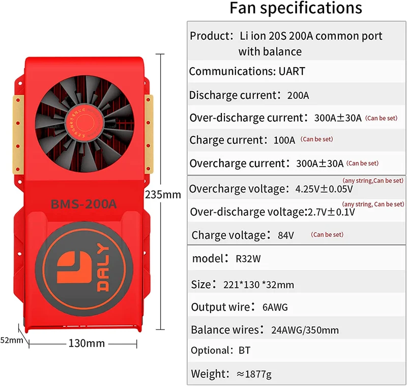 Daly smart bms Lifepo4 20S 60V Li-ion 20S 72V 200A bluetooth FAN 32130221