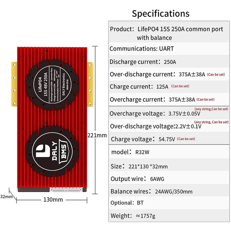 Daly smart bms Lifepo 15S 48V 250A bluetooth BMS board32130221