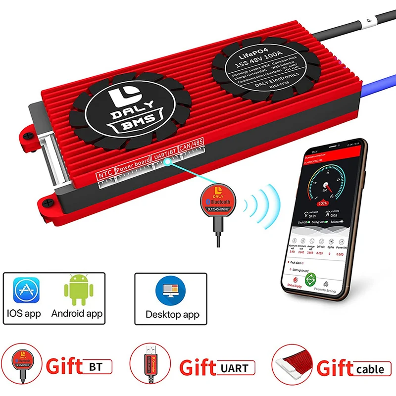 Daly smart bms Lifepo 15S 48V 100A bluetooth BMS board 24 65 166