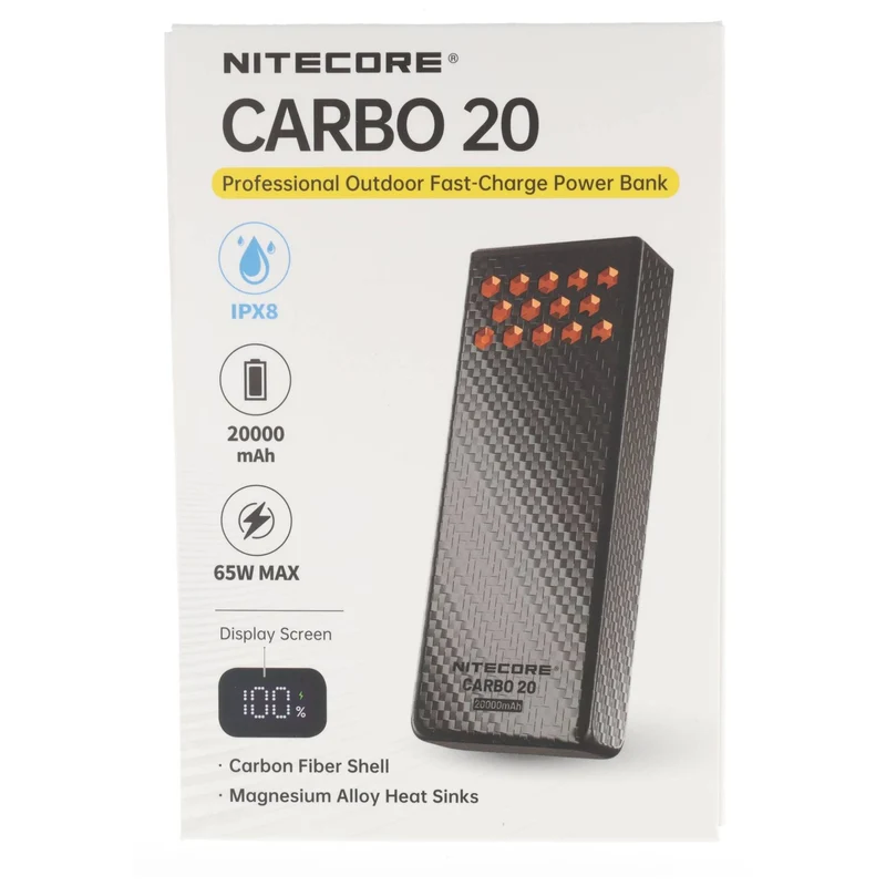 Nitecore Powerbank CARBO20, Kapazität 20.000mAh, professionelle Outdoor Powerbank, max. 65 Watt, Kohlefasergehäuse