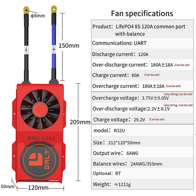 Daly smart bms Lifepo4 8S 24V 120A fan bluetooth BMS board 50 120 209