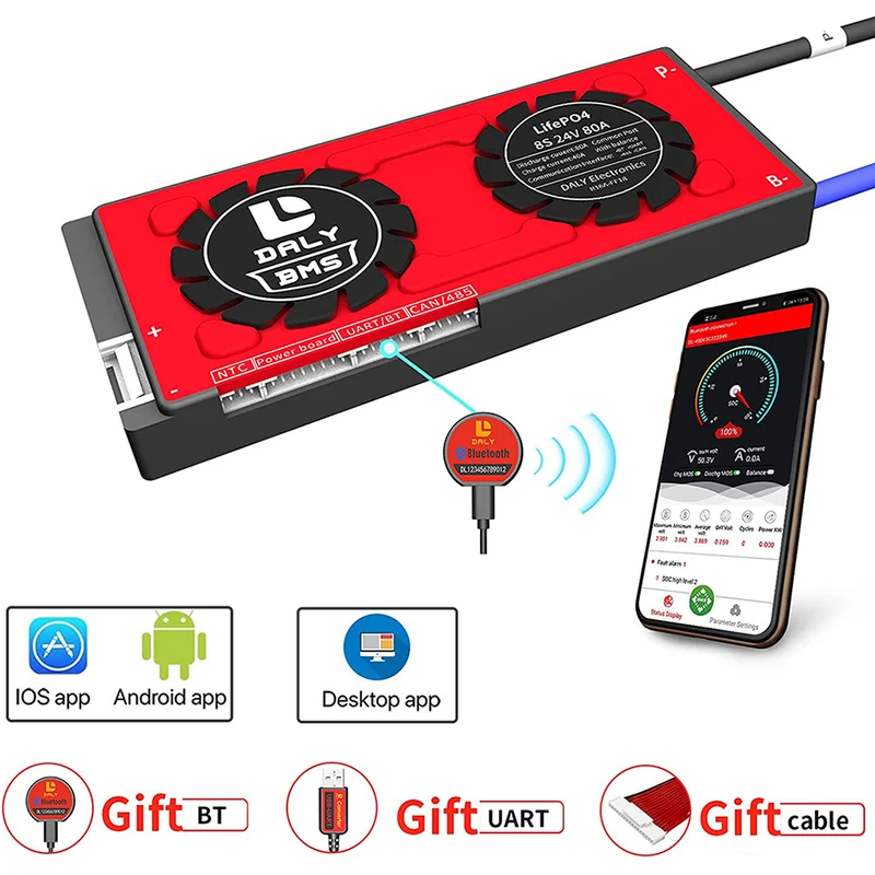 Daly smart bms Lifepo4 8S 24V 80A bluetooth 19 66 150