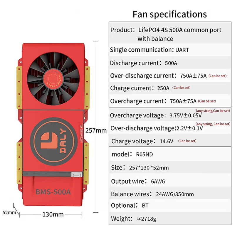 Daly smart bms Lifepo4 4S 12V 500A with Fan bluetooth 52 130 257