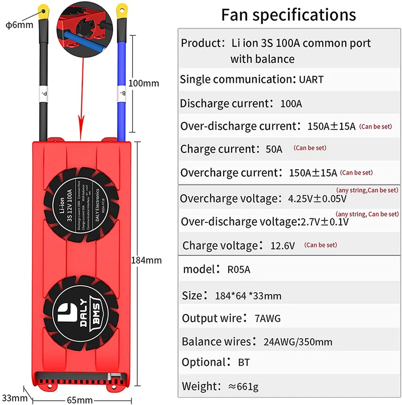 Daly smart bms Lion 3S 12V 100A FAN bluetooth BMS boardithium battery protection Board 3365184